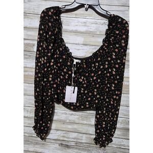 Wayf Floral Print Sheer Puff Long Sleeve Square Neck Crop Top- Large